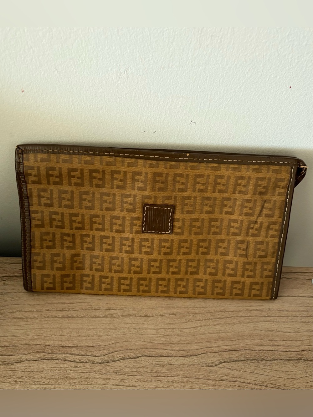 Fendi vintage Tan Khaki FF Monogram Zip Pouch Bag clutch